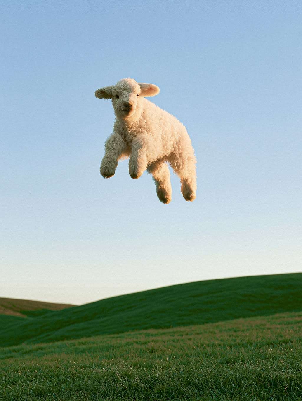 A lamb leaping over a green hill